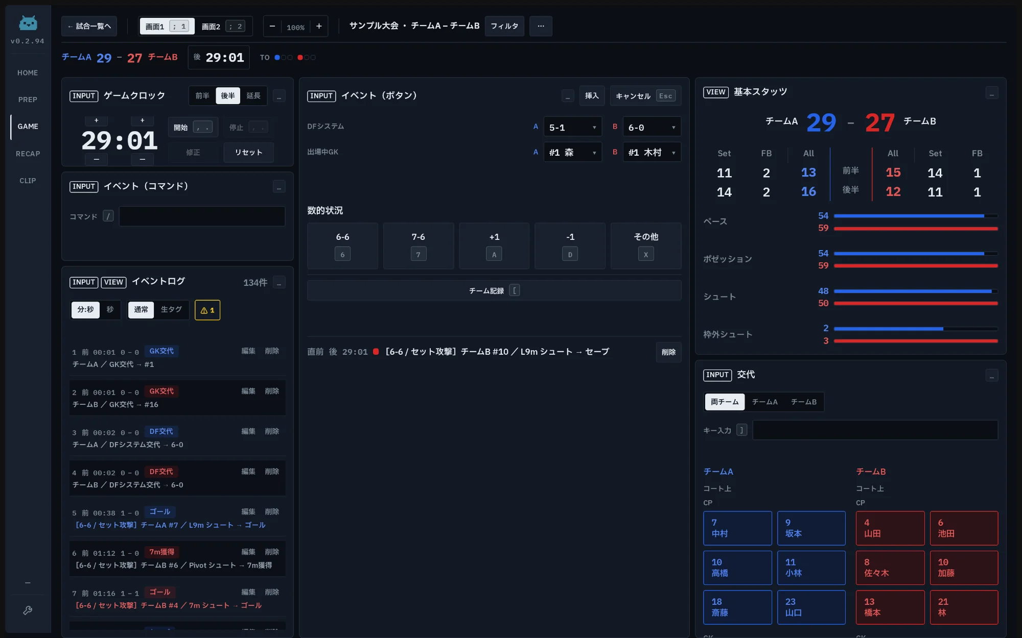試合中の記録画面。ゲームクロック、コマンド入力欄、イベントログ、ボタン入力、スコアとチーム比較、交代のパネルが並んでいる